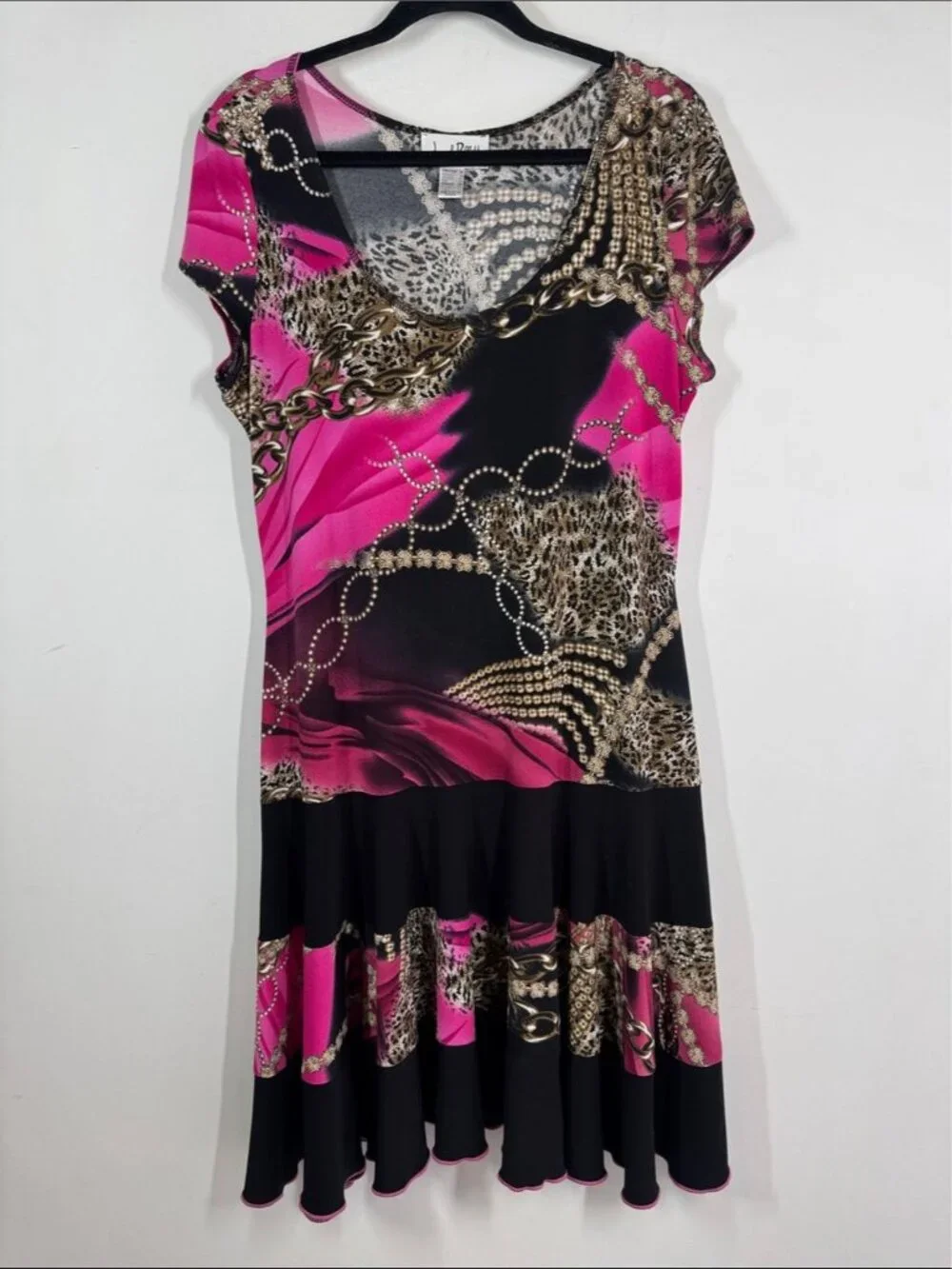 Joseph Ribkoff Pink Black Animal Printed Dress Size 14 Ruffle Hem Stretchy - Picture 2 of 12